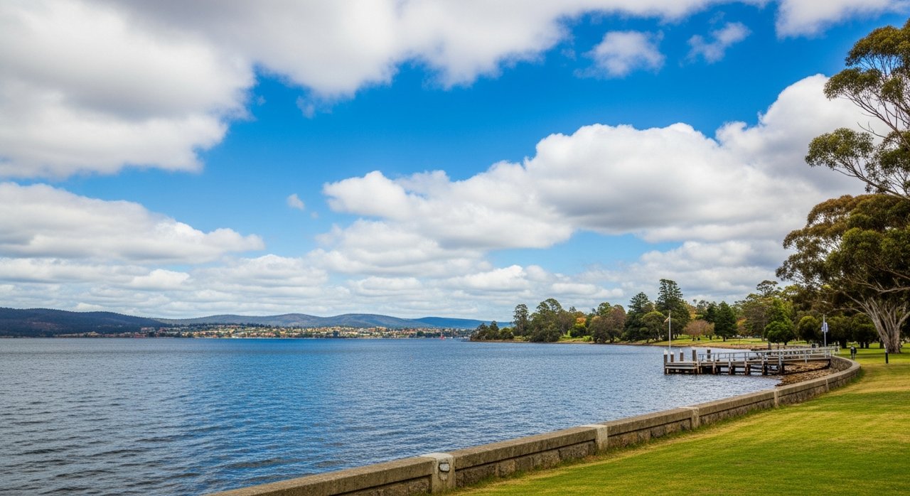 the River Derwent and the Eastern Shore foreshore under a dramatic Tasmanian sky