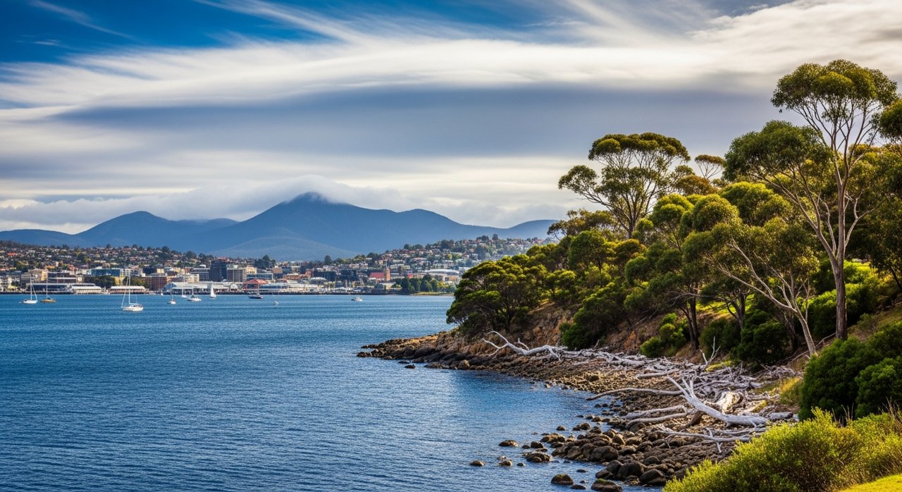 the River Derwent and the Eastern Shore foreshore under a dramatic Tasmanian sky