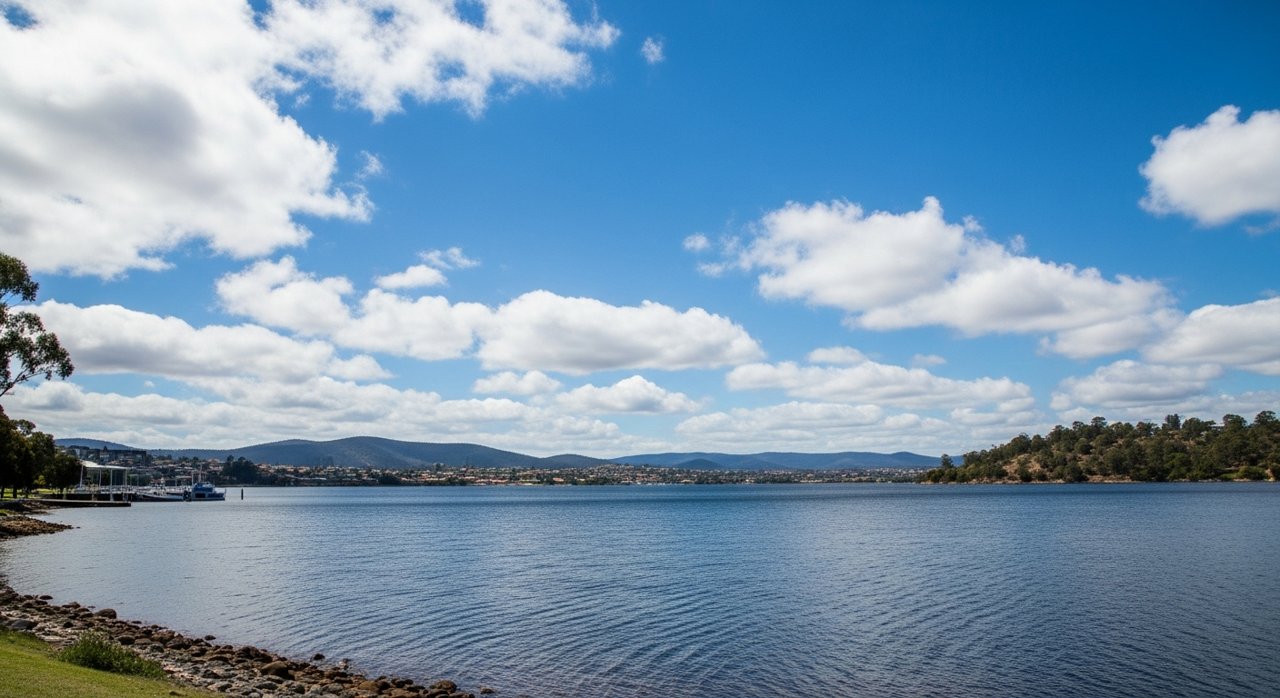 the River Derwent and the Eastern Shore foreshore under a dramatic Tasmanian sky