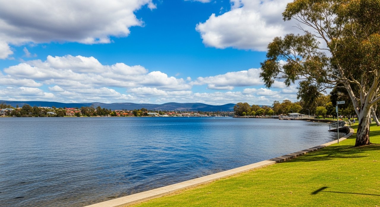 the River Derwent and the Eastern Shore foreshore under a dramatic Tasmanian sky