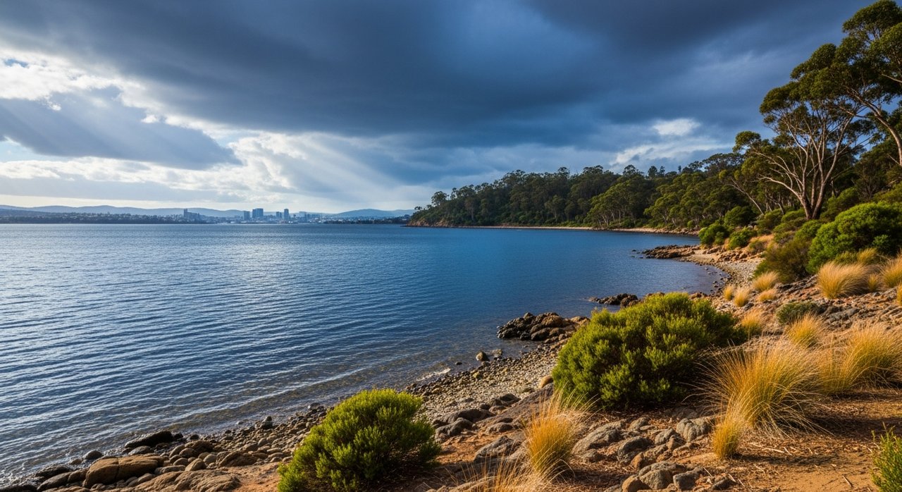 the River Derwent and the Eastern Shore foreshore under a dramatic Tasmanian sky