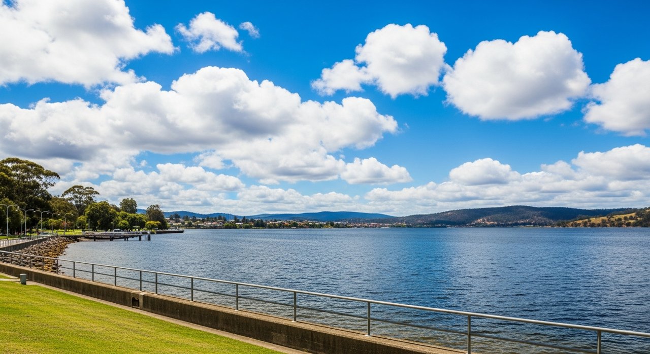 the River Derwent and the Eastern Shore foreshore under a dramatic Tasmanian sky