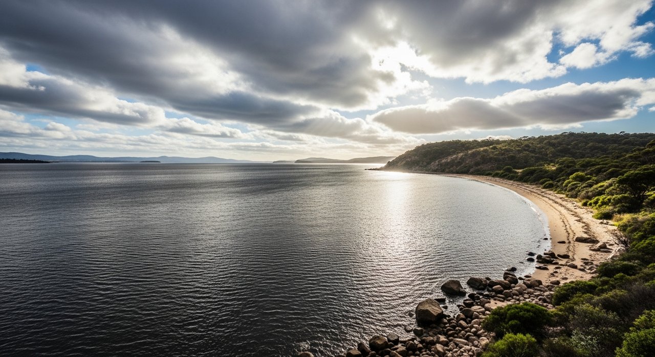 the River Derwent and the Eastern Shore foreshore under a dramatic Tasmanian sky