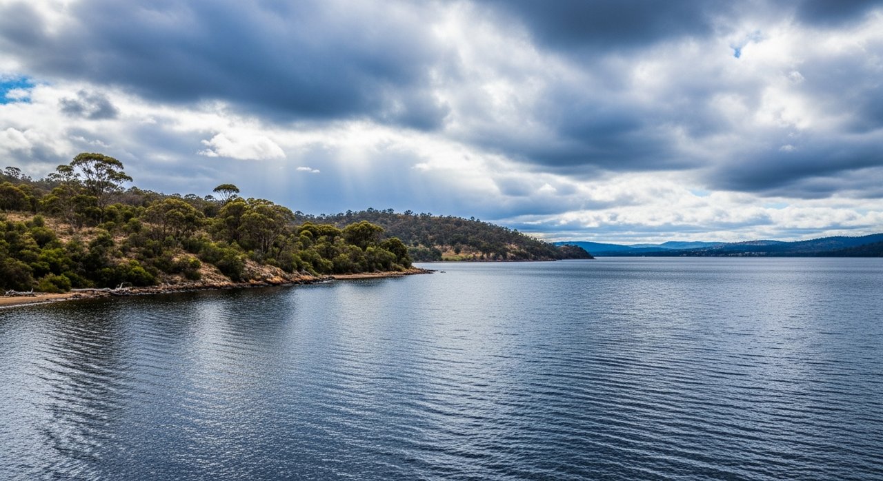 the River Derwent and the Eastern Shore foreshore under a dramatic Tasmanian sky