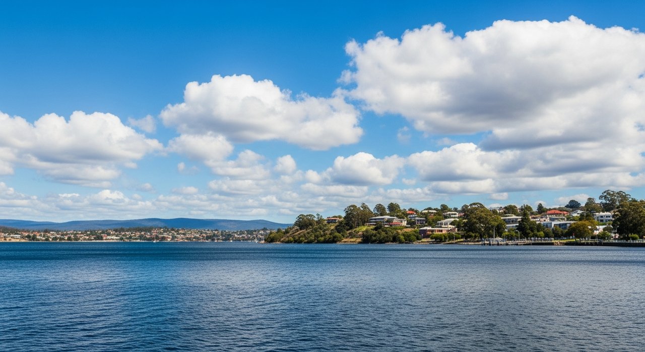 the River Derwent and the Eastern Shore foreshore under a dramatic Tasmanian sky