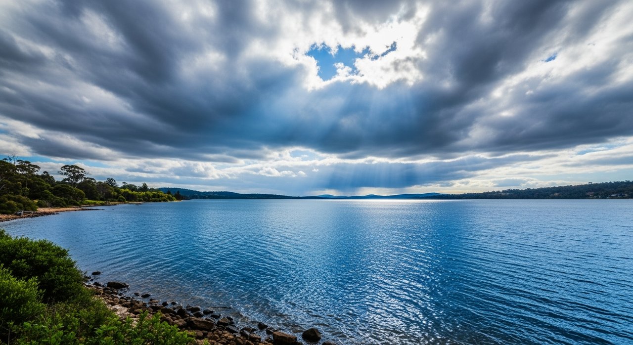the River Derwent and the Eastern Shore foreshore under a dramatic Tasmanian sky