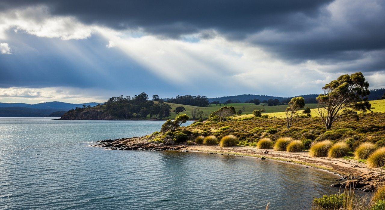 the River Derwent and the Eastern Shore foreshore under a dramatic Tasmanian sky