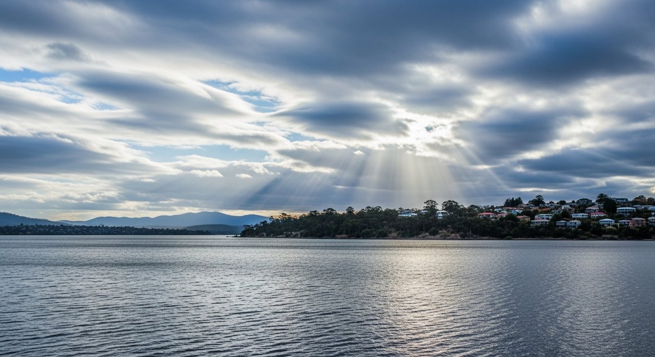 the River Derwent and the Eastern Shore foreshore under a dramatic Tasmanian sky