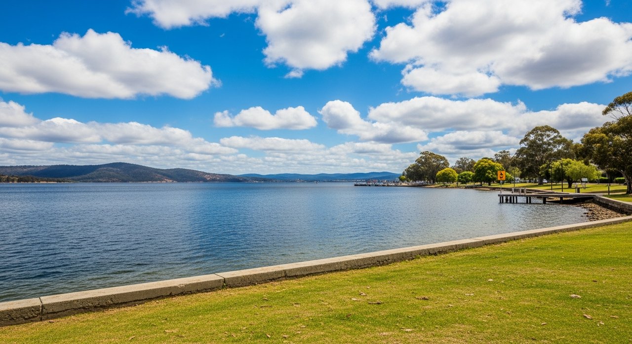 the River Derwent and the Eastern Shore foreshore under a dramatic Tasmanian sky