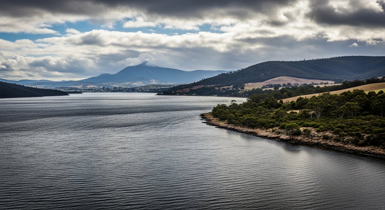 the River Derwent and the Eastern Shore foreshore under a dramatic Tasmanian sky