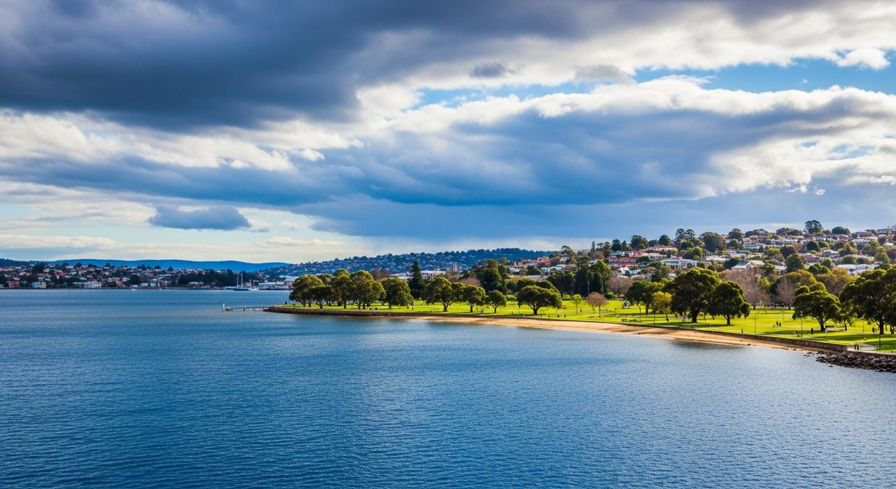the River Derwent and the Eastern Shore foreshore under a dramatic Tasmanian sky