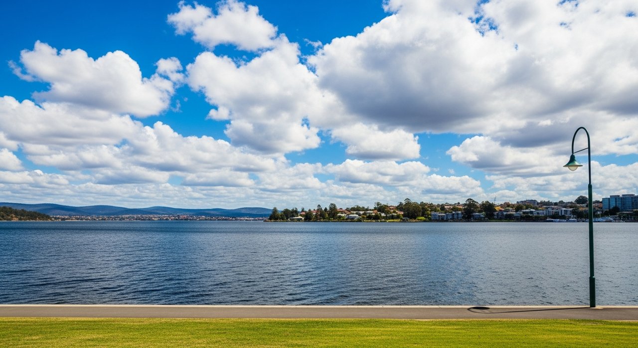 the River Derwent and the Eastern Shore foreshore under a dramatic Tasmanian sky