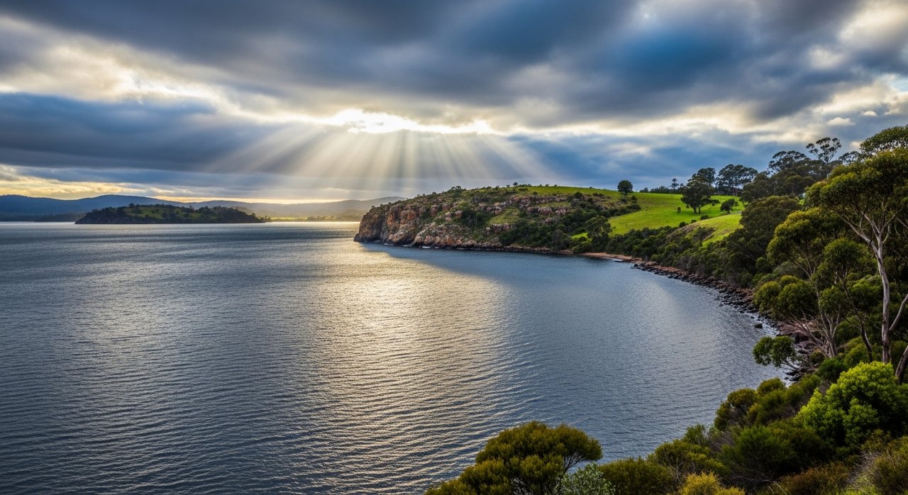 the River Derwent and the Eastern Shore foreshore under a dramatic Tasmanian sky