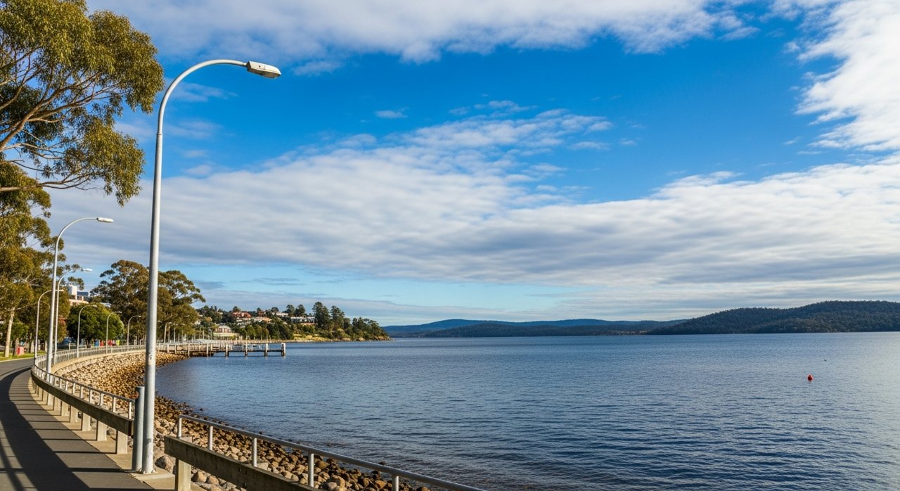 the River Derwent and the Eastern Shore foreshore under a dramatic Tasmanian sky