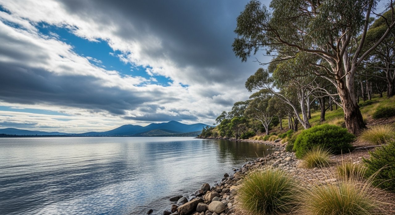 the River Derwent and the Eastern Shore foreshore under a dramatic Tasmanian sky