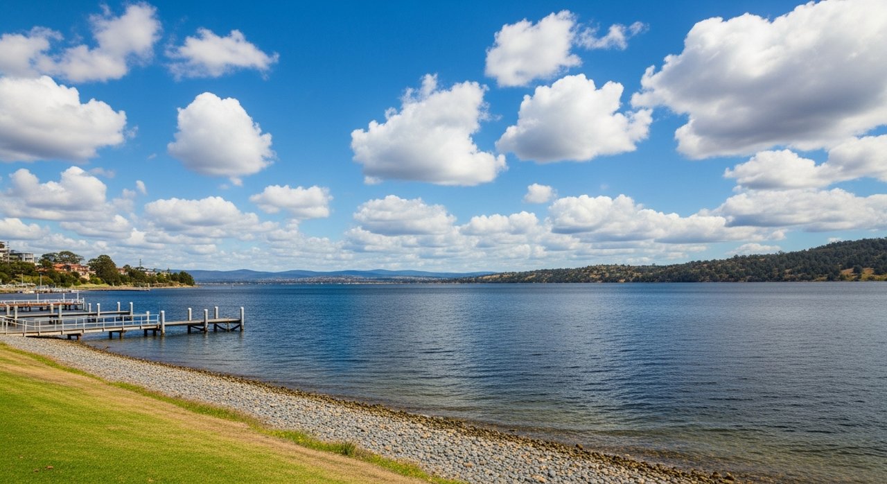 the River Derwent and the Eastern Shore foreshore under a dramatic Tasmanian sky