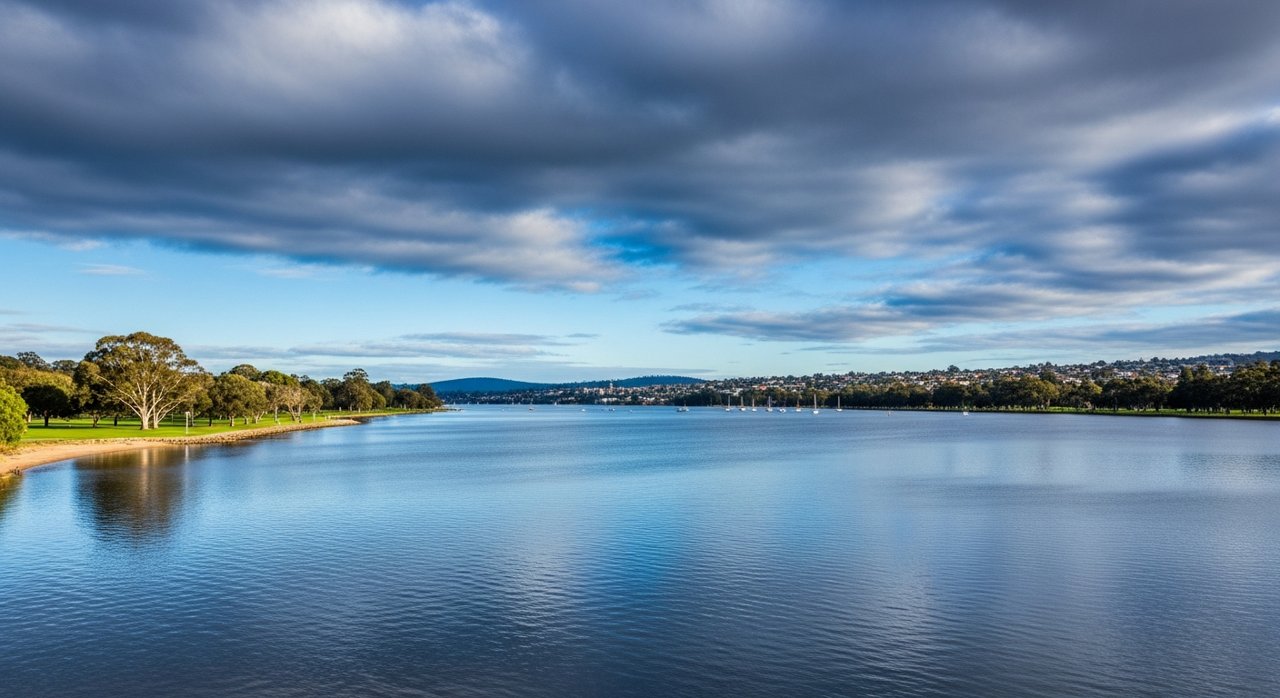 the River Derwent and the Eastern Shore foreshore under a dramatic Tasmanian sky
