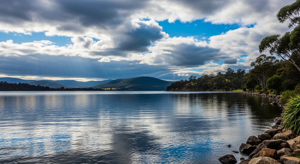 the River Derwent and the Eastern Shore foreshore under a dramatic Tasmanian sky