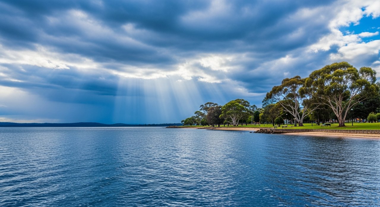 the River Derwent and the Eastern Shore foreshore under a dramatic Tasmanian sky