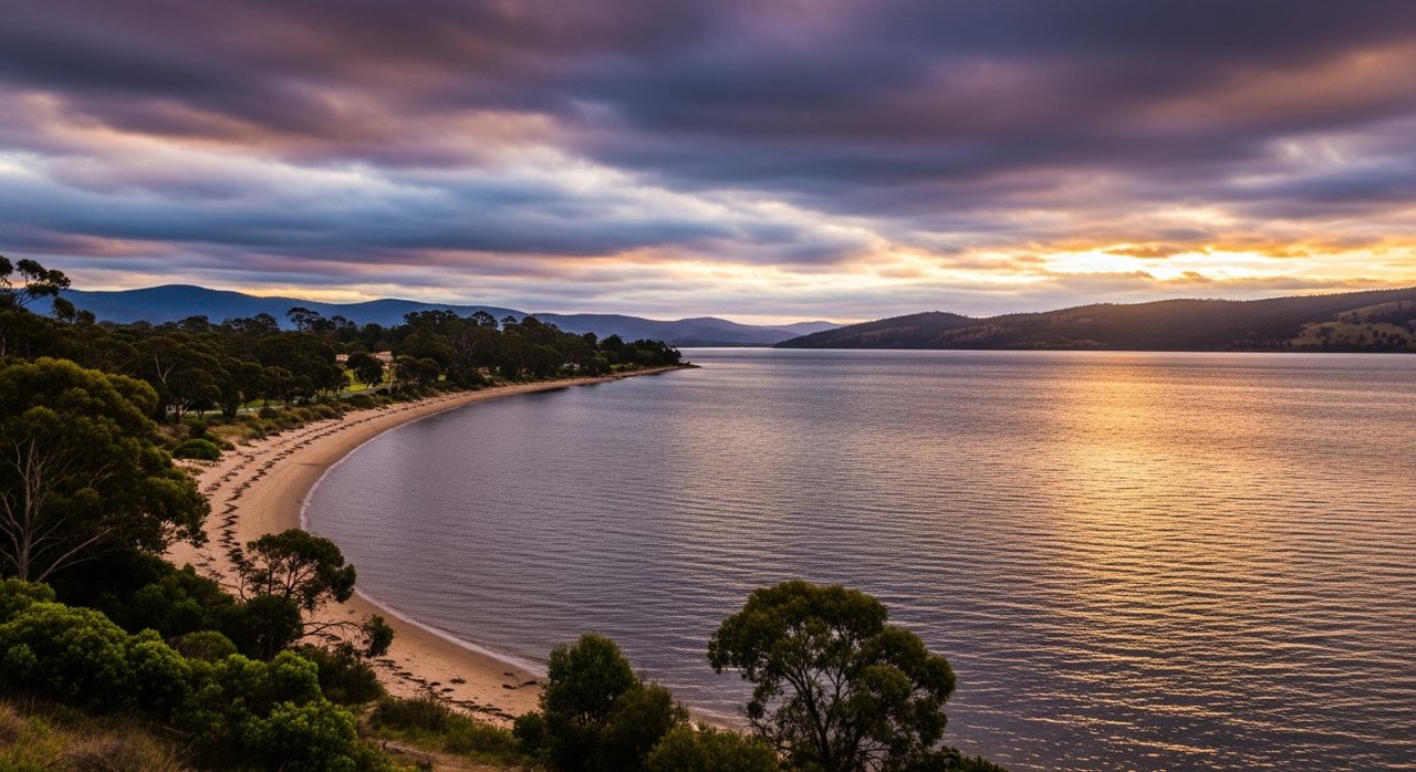 the River Derwent and the Eastern Shore foreshore under a dramatic Tasmanian sky