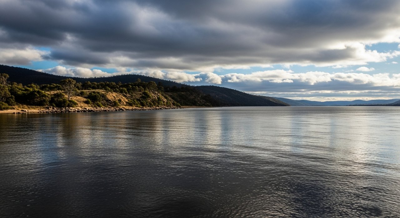 the River Derwent and the Eastern Shore foreshore under a dramatic Tasmanian sky