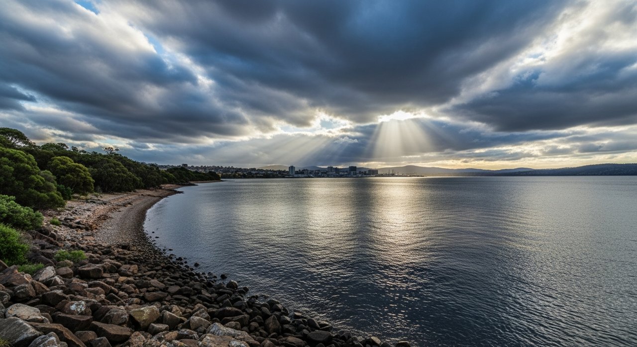 the River Derwent and the Eastern Shore foreshore under a dramatic Tasmanian sky