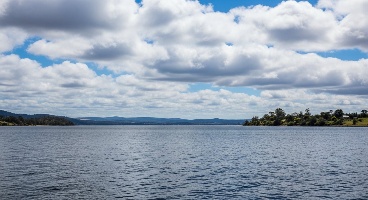 the River Derwent and the Eastern Shore foreshore under a dramatic Tasmanian sky