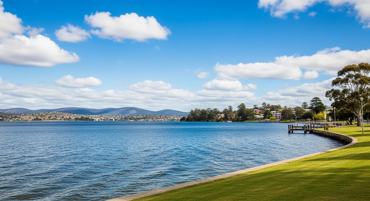 the River Derwent and the Eastern Shore foreshore under a dramatic Tasmanian sky