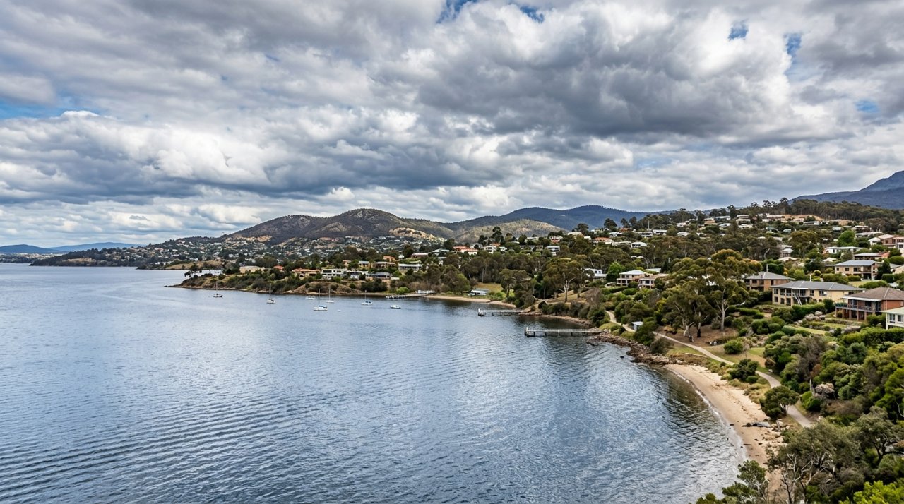 the River Derwent and the Eastern Shore foreshore under a dramatic Tasmanian sky