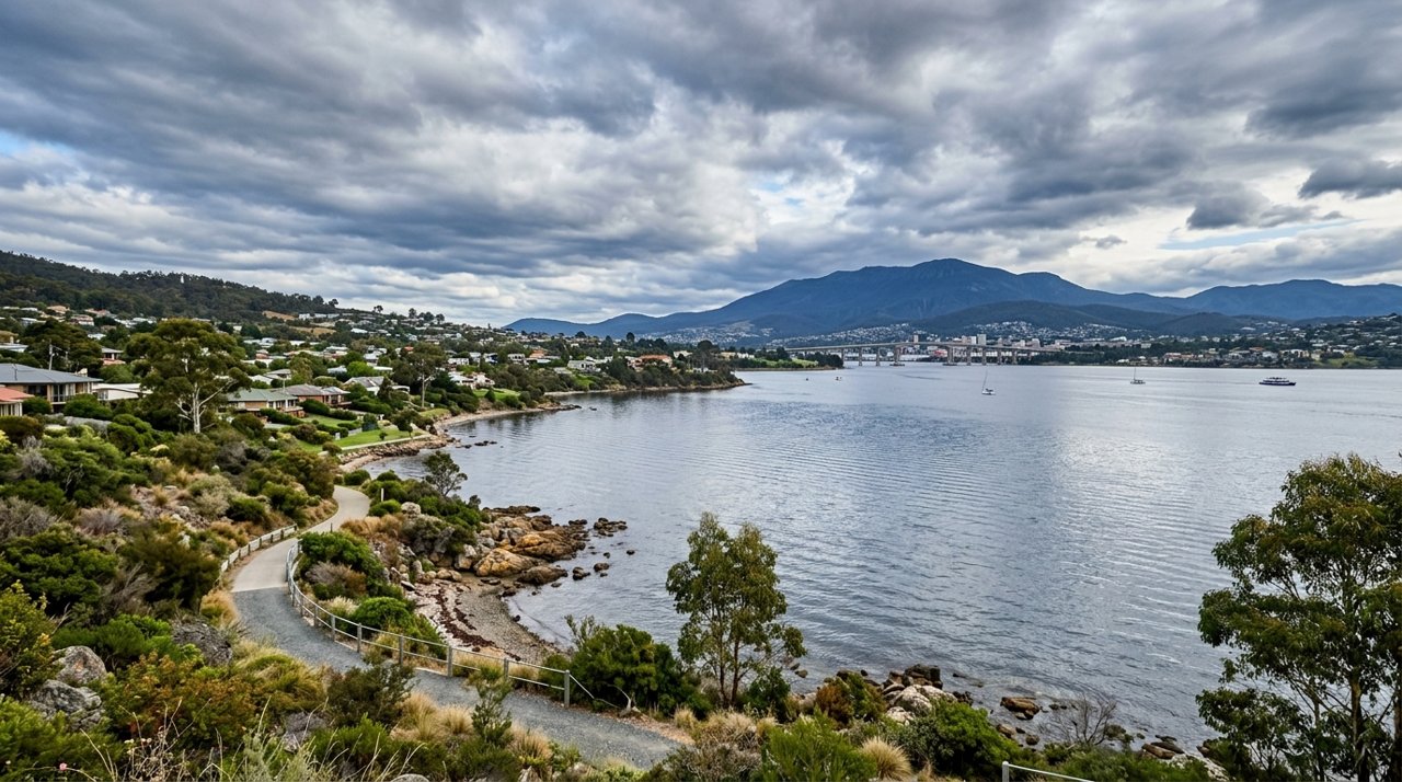 the River Derwent and the Eastern Shore foreshore under a dramatic Tasmanian sky