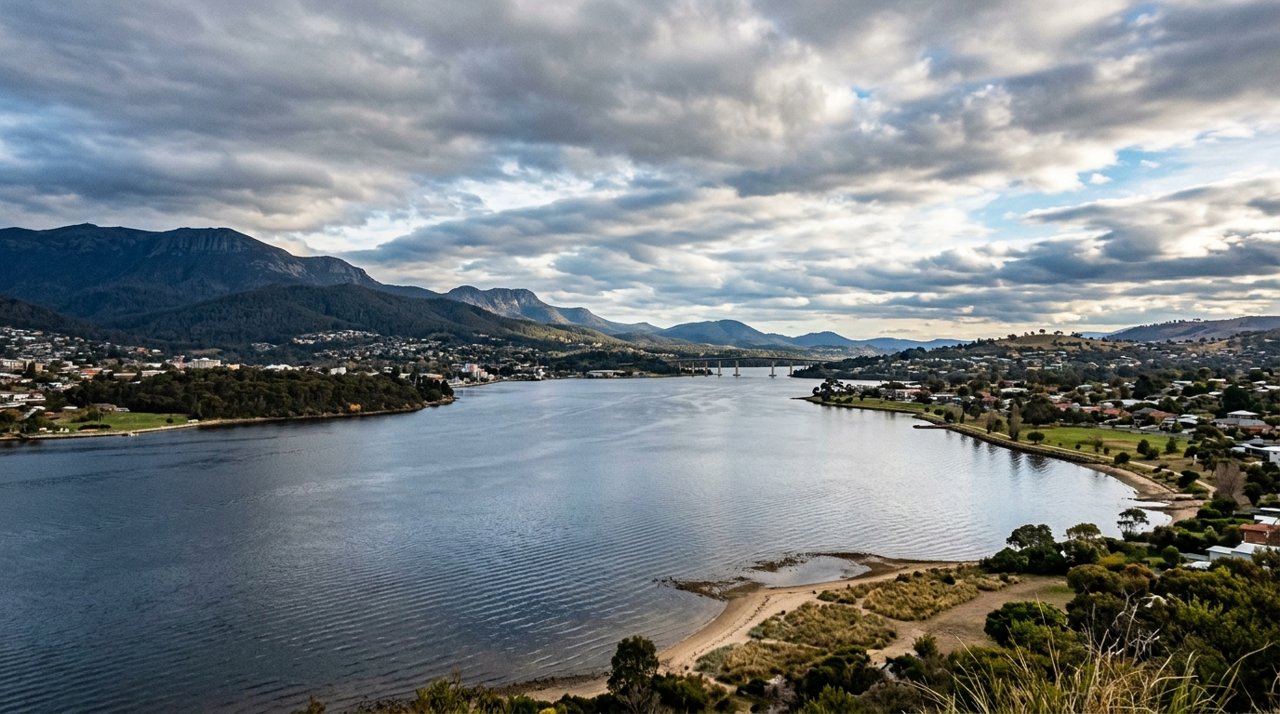 the River Derwent and the Eastern Shore foreshore under a dramatic Tasmanian sky