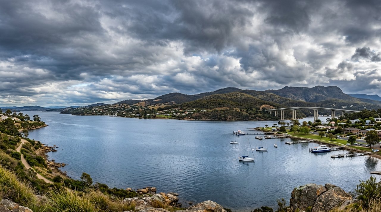 the River Derwent and the Eastern Shore foreshore under a dramatic Tasmanian sky
