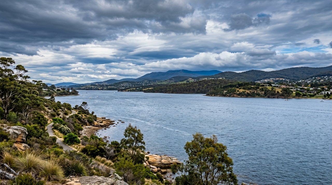 the River Derwent and the Eastern Shore foreshore under a dramatic Tasmanian sky