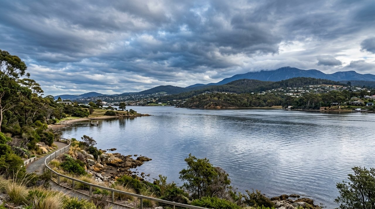 the River Derwent and the Eastern Shore foreshore under a dramatic Tasmanian sky