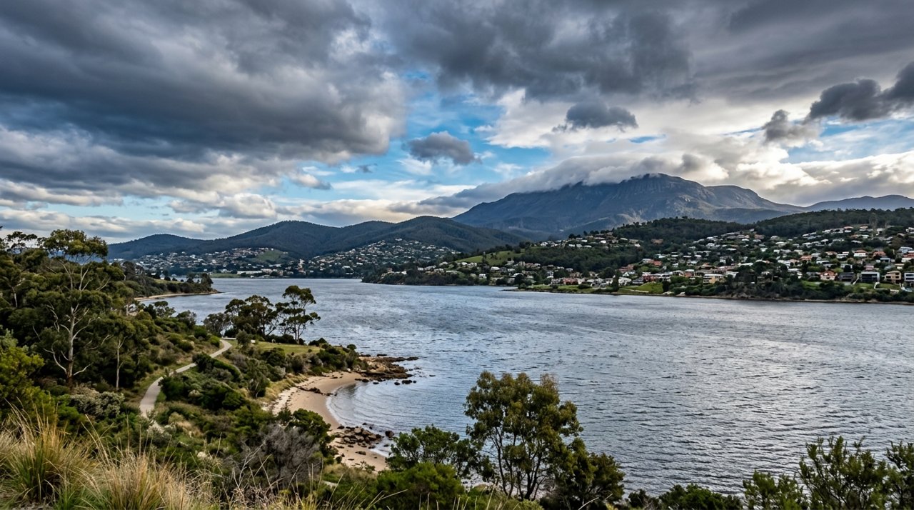 the River Derwent and the Eastern Shore foreshore under a dramatic Tasmanian sky