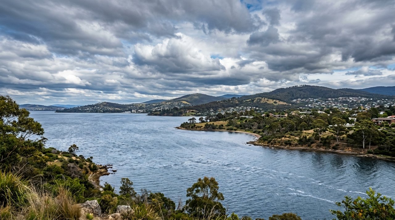 the River Derwent and the Eastern Shore foreshore under a dramatic Tasmanian sky