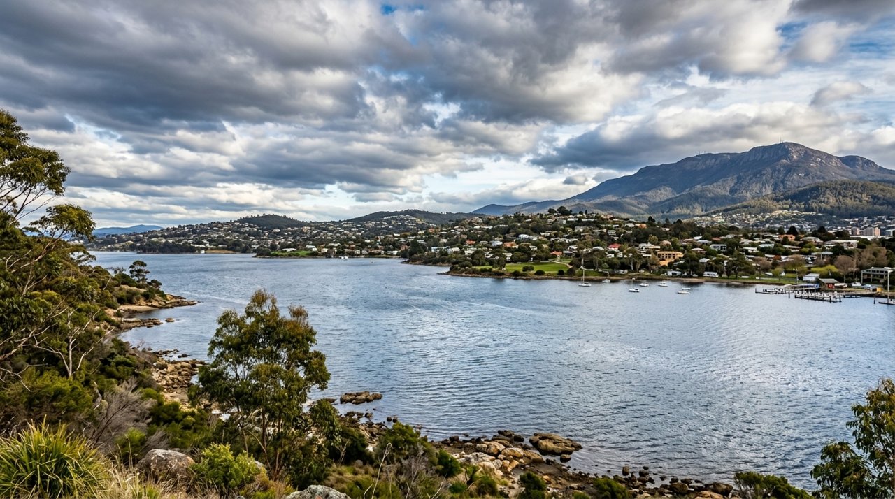 the River Derwent and the Eastern Shore foreshore under a dramatic Tasmanian sky
