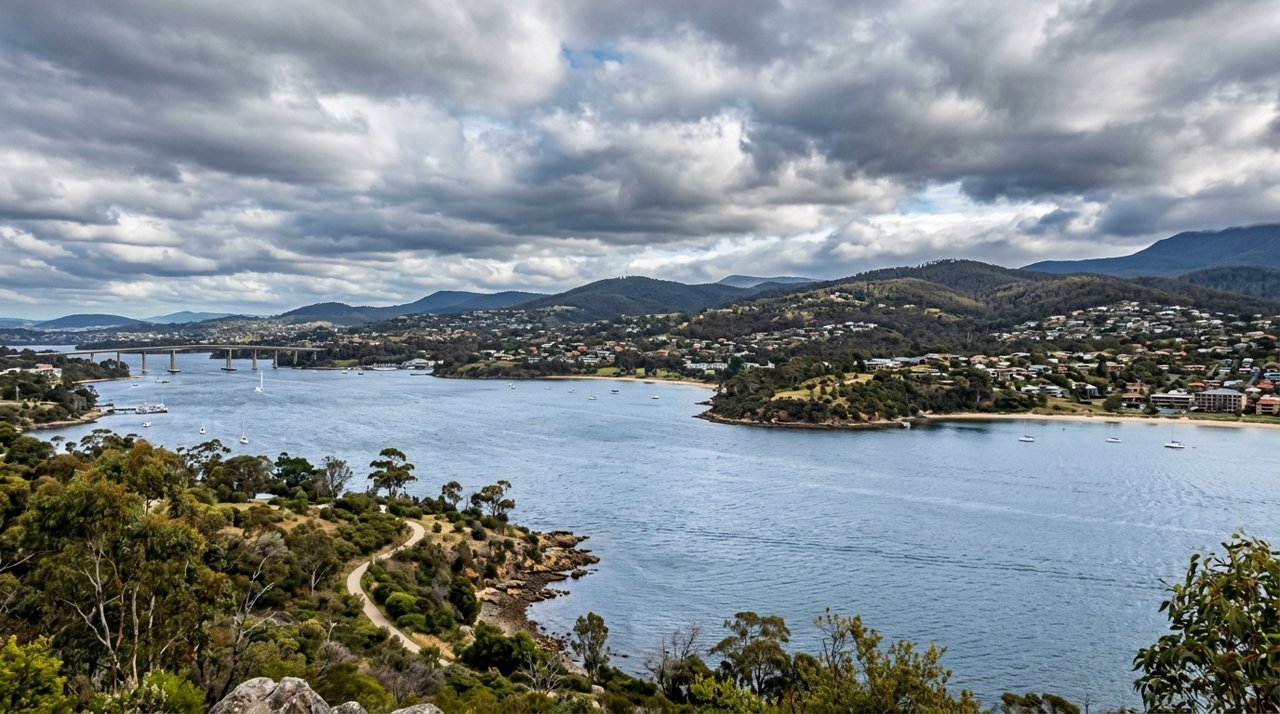 the River Derwent and the Eastern Shore foreshore under a dramatic Tasmanian sky