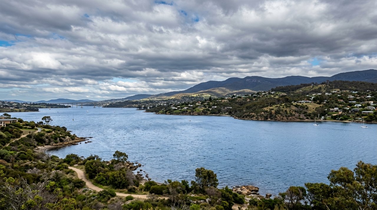 the River Derwent and the Eastern Shore foreshore under a dramatic Tasmanian sky