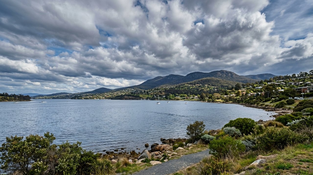 the River Derwent and the Eastern Shore foreshore under a dramatic Tasmanian sky