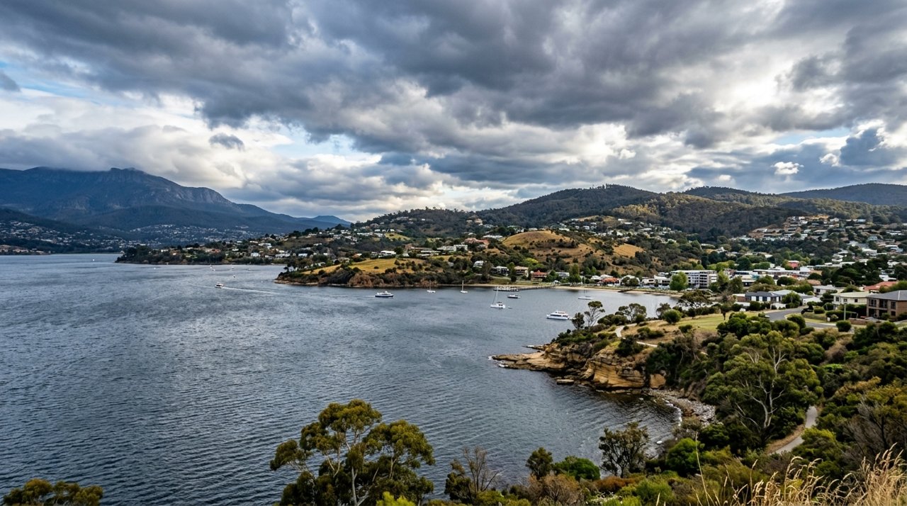 the River Derwent and the Eastern Shore foreshore under a dramatic Tasmanian sky
