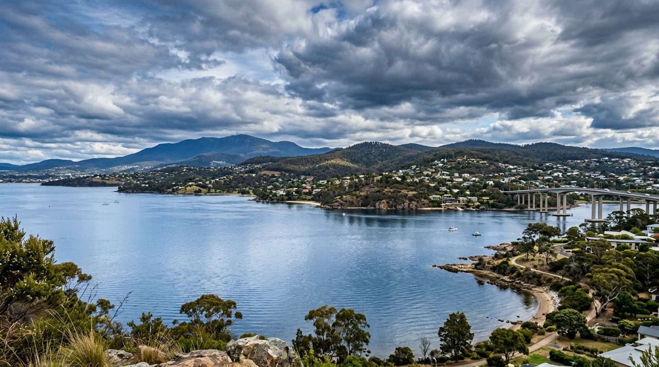 the River Derwent and the Eastern Shore foreshore under a dramatic Tasmanian sky