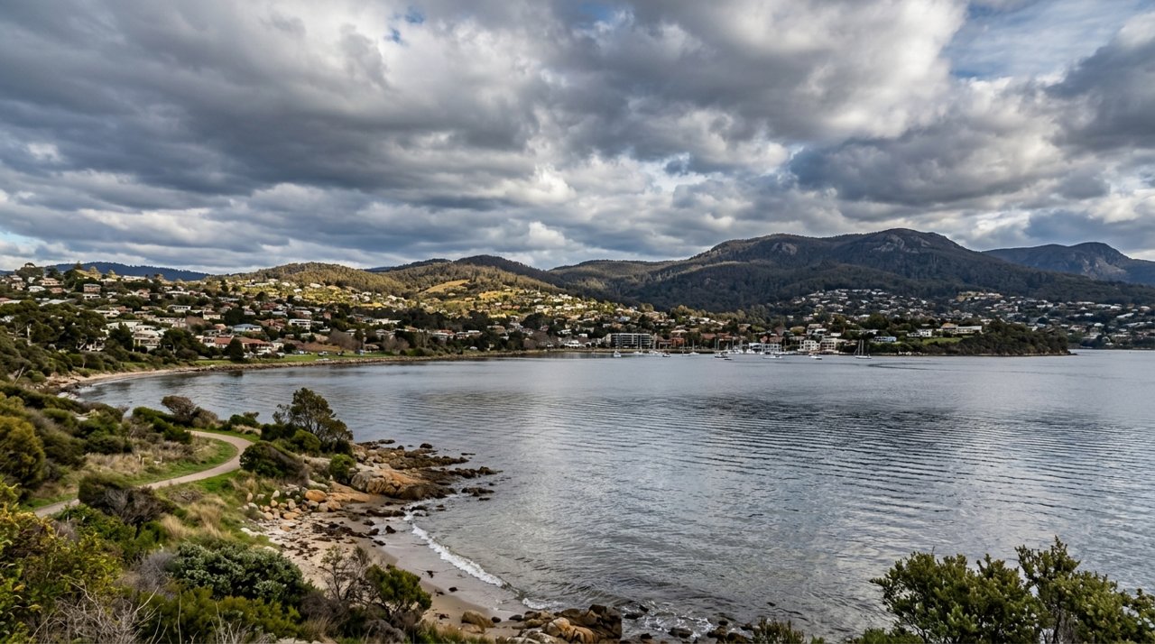 the River Derwent and the Eastern Shore foreshore under a dramatic Tasmanian sky
