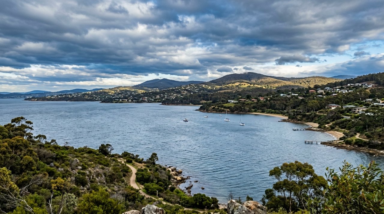 the River Derwent and the Eastern Shore foreshore under a dramatic Tasmanian sky