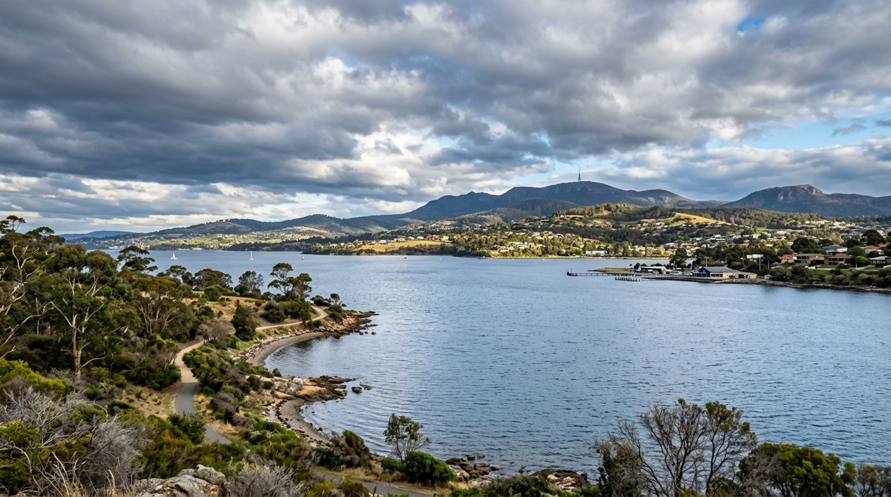 the River Derwent and the Eastern Shore foreshore under a dramatic Tasmanian sky