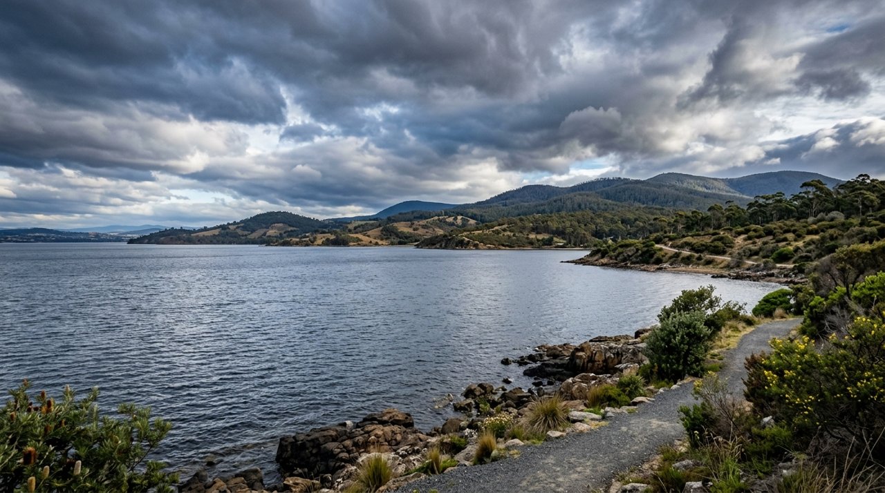 the River Derwent and the Eastern Shore foreshore under a dramatic Tasmanian sky