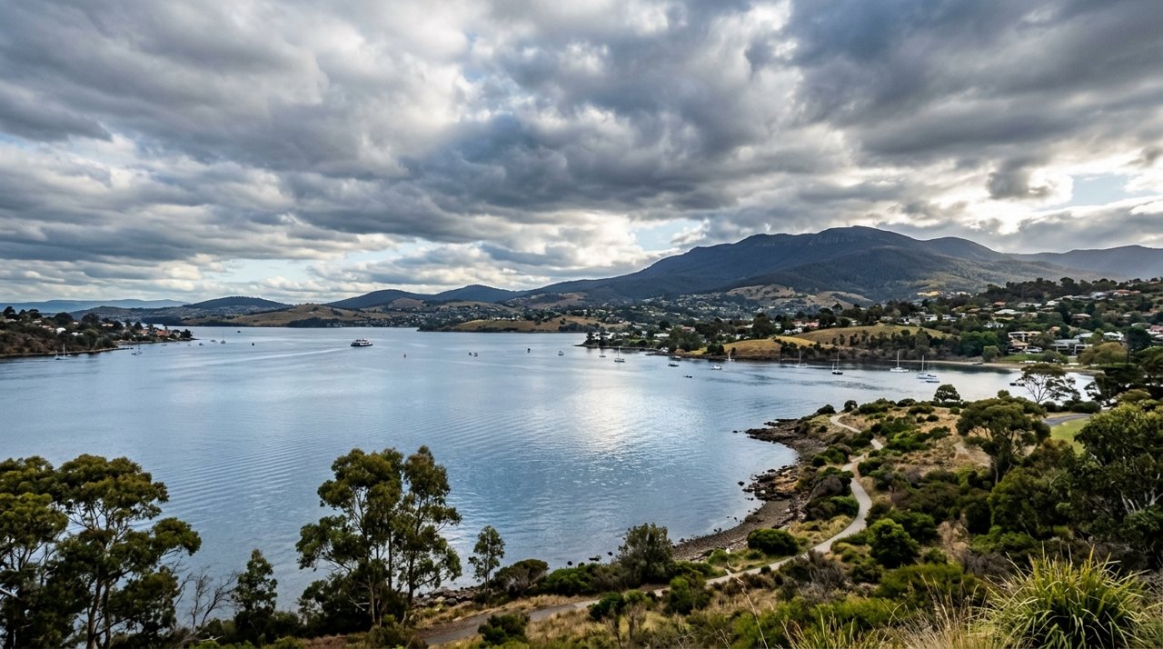 the River Derwent and the Eastern Shore foreshore under a dramatic Tasmanian sky