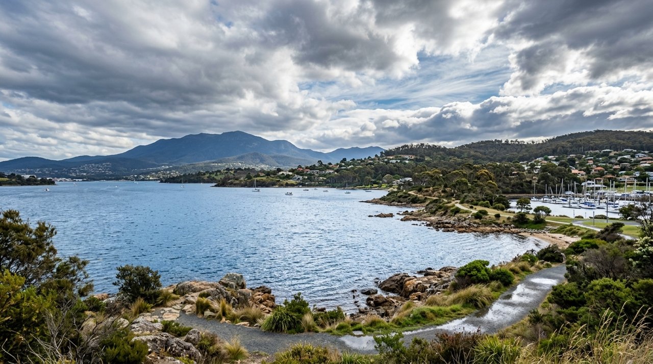 the River Derwent and the Eastern Shore foreshore under a dramatic Tasmanian sky