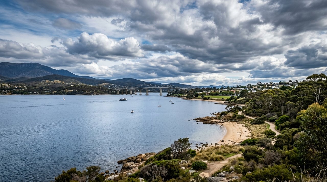 the River Derwent and the Eastern Shore foreshore under a dramatic Tasmanian sky