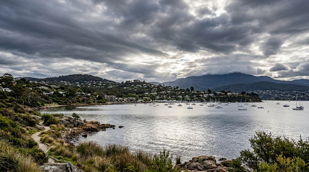 the River Derwent and the Eastern Shore foreshore under a dramatic Tasmanian sky